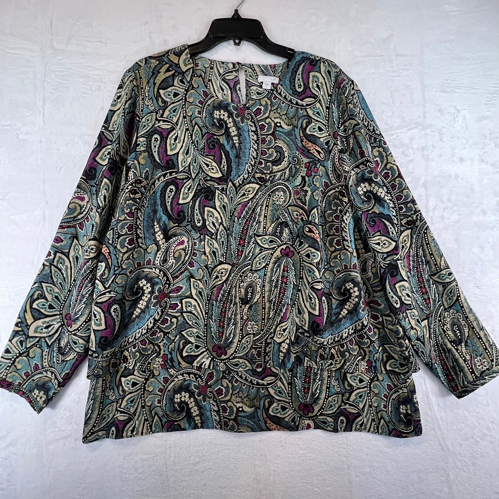 J. Jill Blouse Paisley Layered Hem Women XL Multicolor Blue Long Sleeve Top